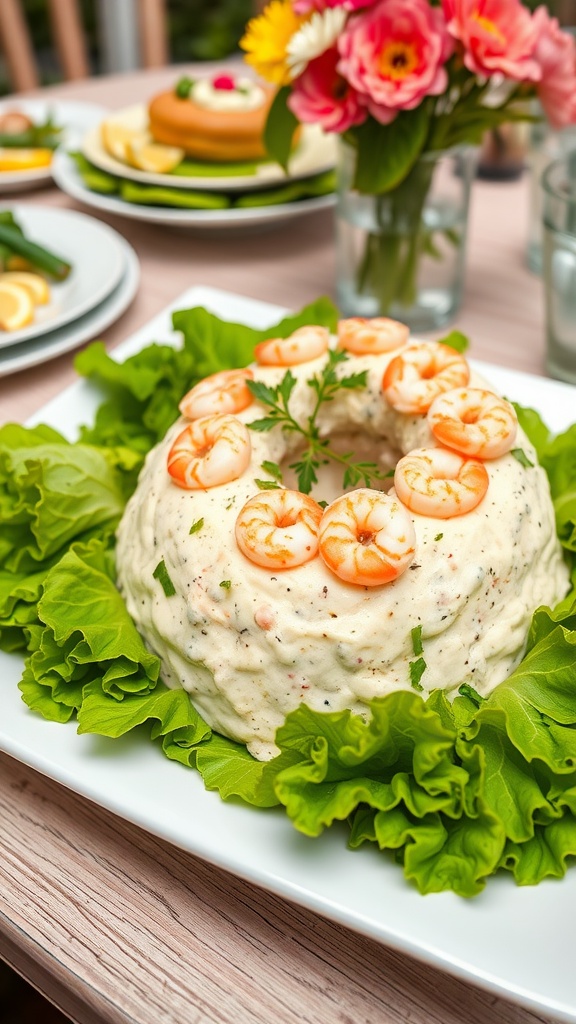 An elegant shrimp mold appetizer garnished with herbs on a platter with lettuce.